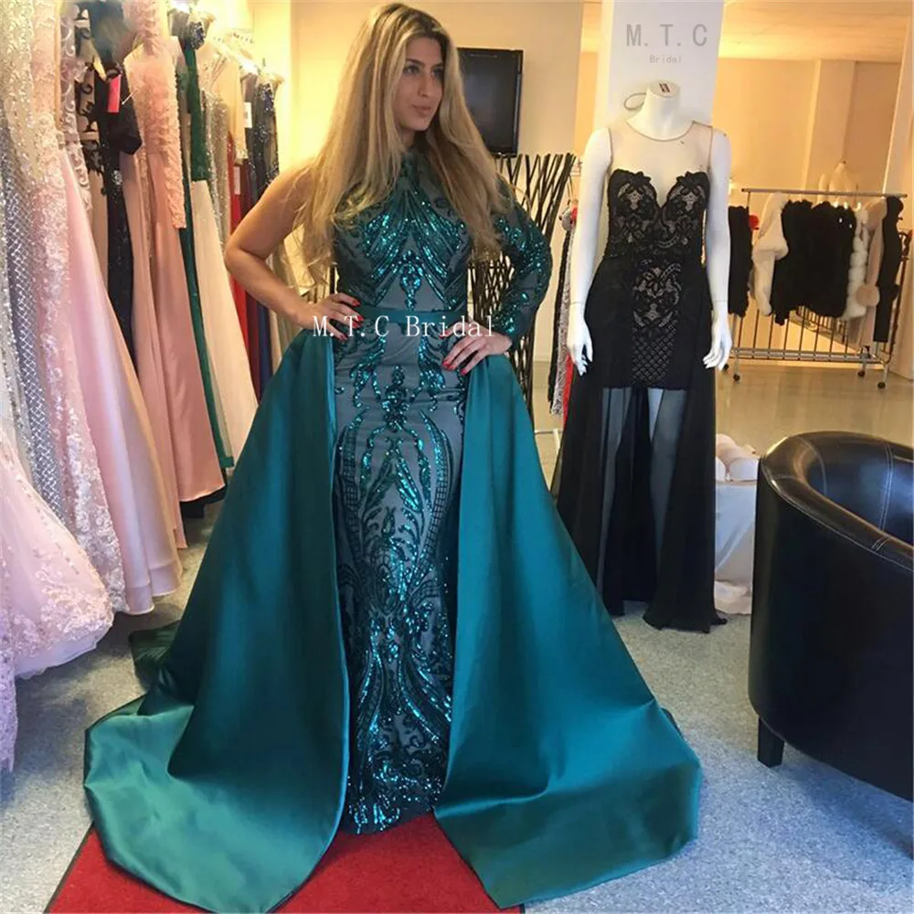 

Graceful One Shoulder Mermaid Dark Green Evening Dress Exquisite Sequins Lace Detachable Train Long Sleeve Prom Gown Custom Made