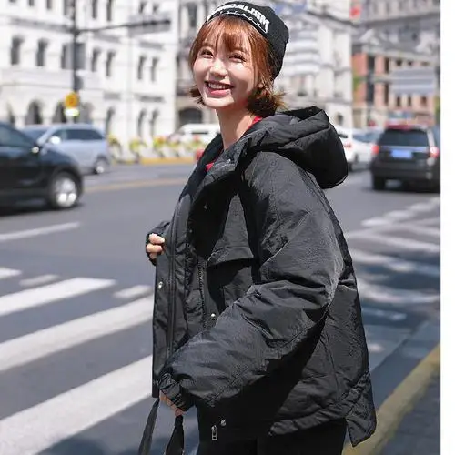 Zqlz Parkas Mujer, короткая зимняя куртка для женщин, зимнее пальто с капюшоном, Женская свободная парка, куртка с хлопковой подкладкой для женщин - Цвет: Черный
