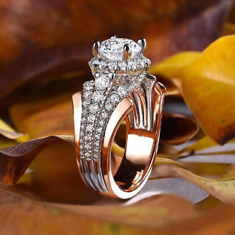 

Creative new accessories Fashion micro-inlaid zircon two-tone ring Women's engagement wedding jewelry ring