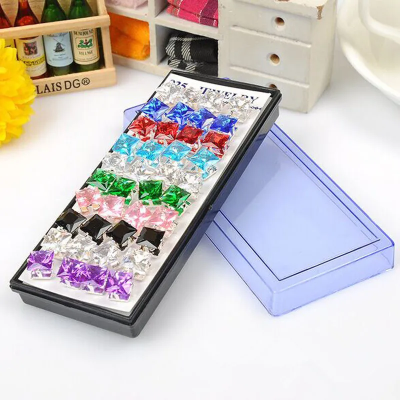 1 комплект, 40 шт., 925 пробы, серебряные, женские серьги-гвоздики, квадратные, смешанные цвета, кубический цирконий, модные ювелирные изделия, вечерние, подарок