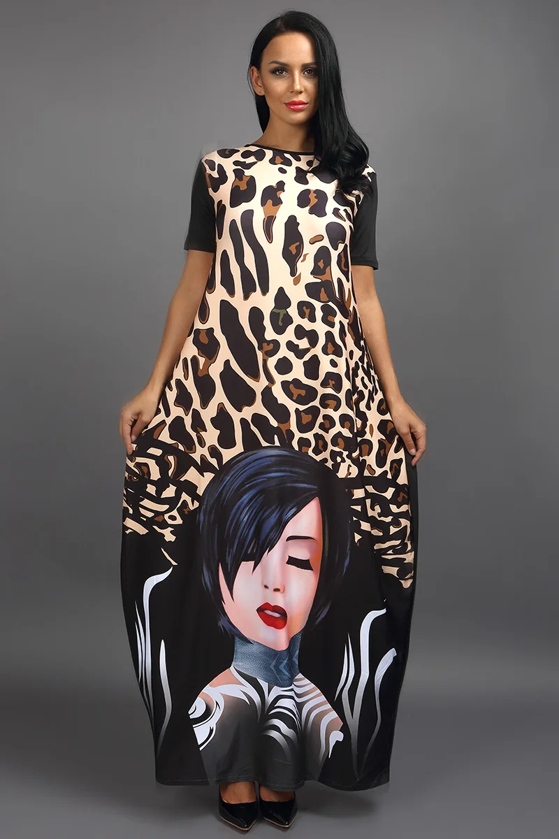 Kostlich Women Dress O-Neck Leopard Beauty Face Print Dress Sexy Women Maxi Long Dresses Plus Size Loose Casual Womens Clothing (23)