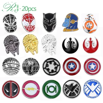 

RJ 20Pcs Wholesales Avengers Brooches Thor Flash Deadpool Thanos Pin Star Wars Falcon BB8 Darth Vader Lapel Pin Men Coat Jewelry