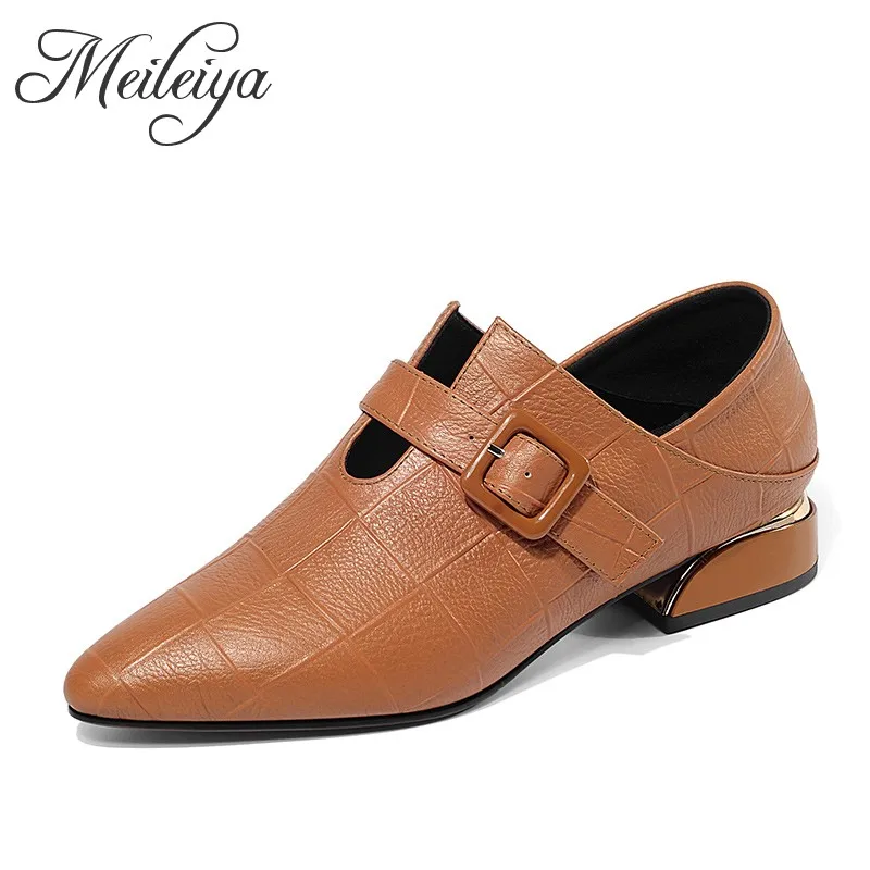 

New British Fashion Low Heel Pointed Toe Party Leather Shoes Women Spring Autumn Retro Orange Black Plaid Texture Dress Shoes