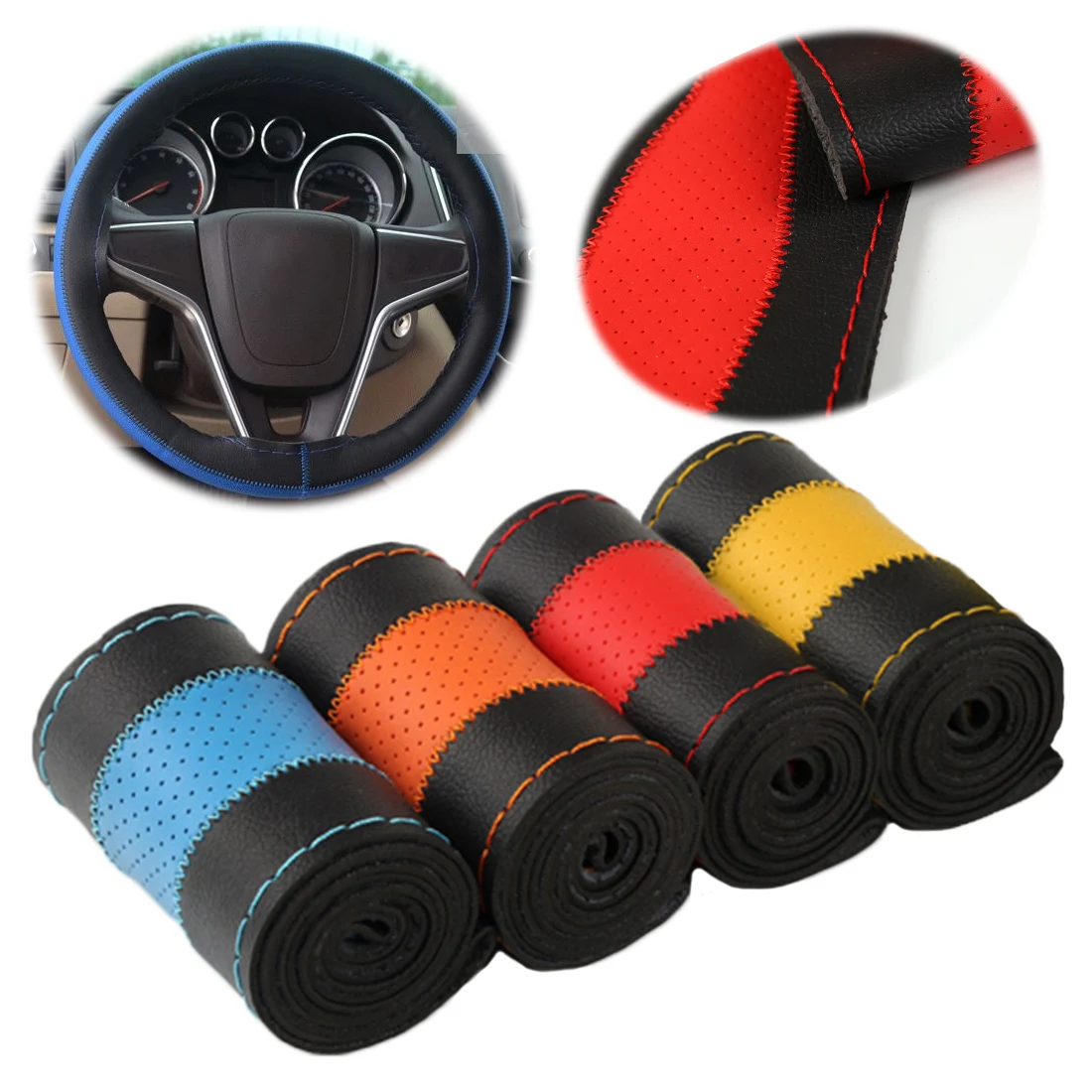 Dewtreetali Hand-sewing Steering Wheel Cover with Needle Thread 38cm Car-styling for Ford Focus 2 Passat b8 VW golf 7 Dewtreetali Hand-sewing Steering Wheel Cover with Needle Thread 38cm Car-styling for Ford Focus 2 Passat b8 VW golf 7