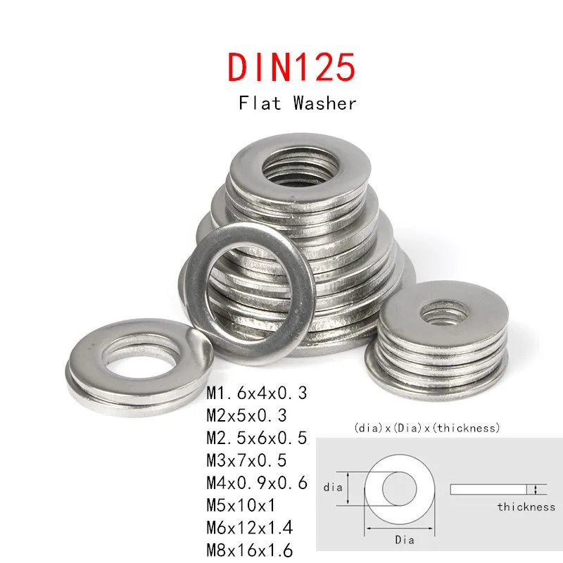 20Pcs 1# M1.6-M30 Flat Washers 304SS DIN125 Penny Repair Washers 