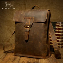 LAPOE Brand Men Real Genuine Leather Backpack Vintage Crazy Horse Rucksack Drawstring Extra Capacity Male Weekend Travel Tote