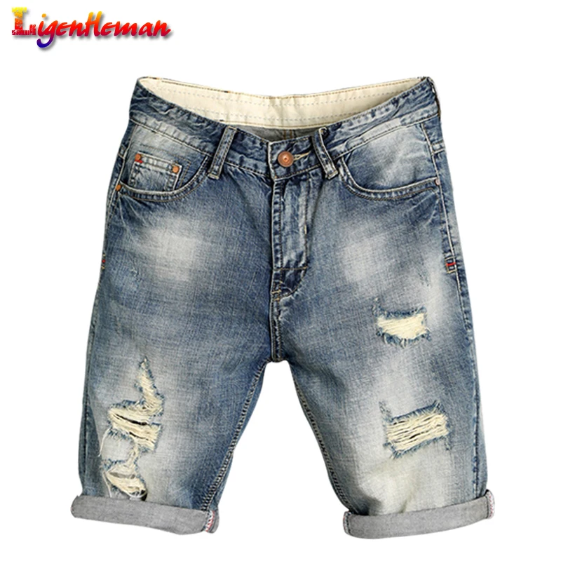 

Summer denim shorts men Brand ripped Short Jeans skate board harem mens Fashion Cotton Breathable jogger ankle ripped wave QB677