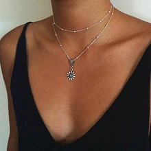 OLOEY Retro Bohemian Women Necklace Creative Fashion Sunflower Pendant Necklaces Female Ladies Multi-layer Choker Casual Jewelry retro velvet sunflower choker necklace