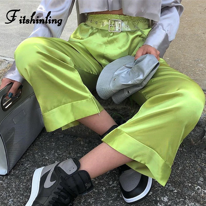 

Fitshinling Streetwear harajuku high waist straight pants women 2019 fashion green loose joggers solid basic trousers female