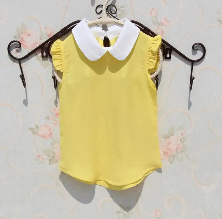 Рубашки для девочек с короткими рукавами и воротником «Питер Пэн»; блузки для девочек; Летние шифоновые топы; одежда для студентов; одежда для детей-подростков - Цвет: Цвет: желтый