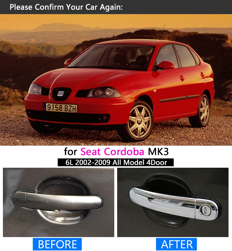 Для Seat Cordoba 2002-2009 6L MK2 Хромированная ручка Накладка комплект 2003 2004 2005 2006 2007 2008 аксессуары Стикеры стайлинга автомобилей