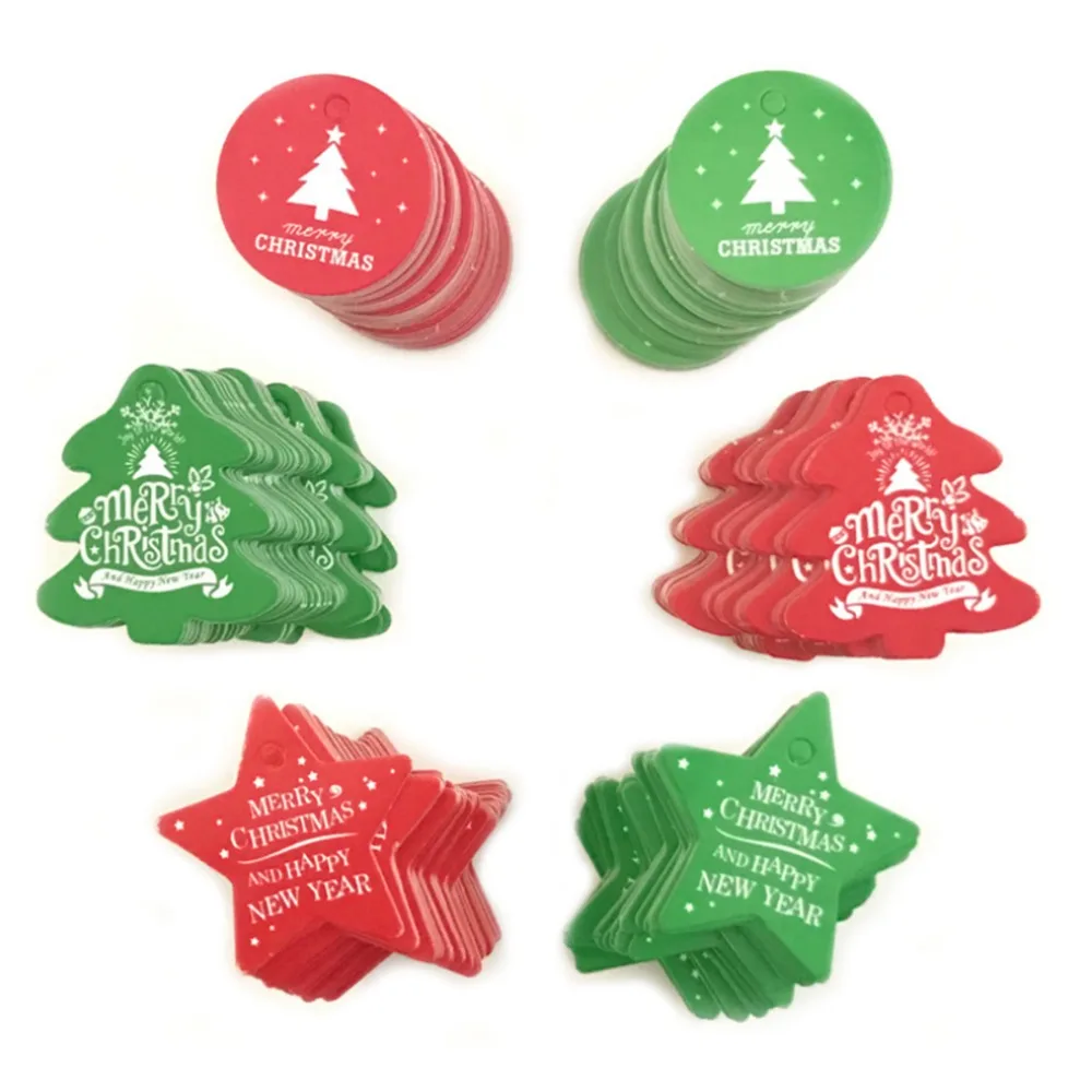 

100pcs/lot Small Ornament Mini Painted Christmas Tree Decorations Tree Star Shape Paper Card New Year Party Gift Hanging Pendant