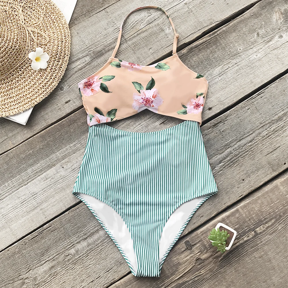 CUPSHE розовый цветочный и зеленый полосатый Холтер цельный купальник для женщин завязанный сзади Бант Вырез Монокини Boho пляжные купальники