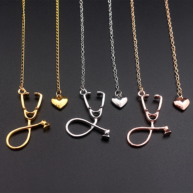 5Colors Gold Silver Rose Gold Medical Stethoscope Heart Pendant
