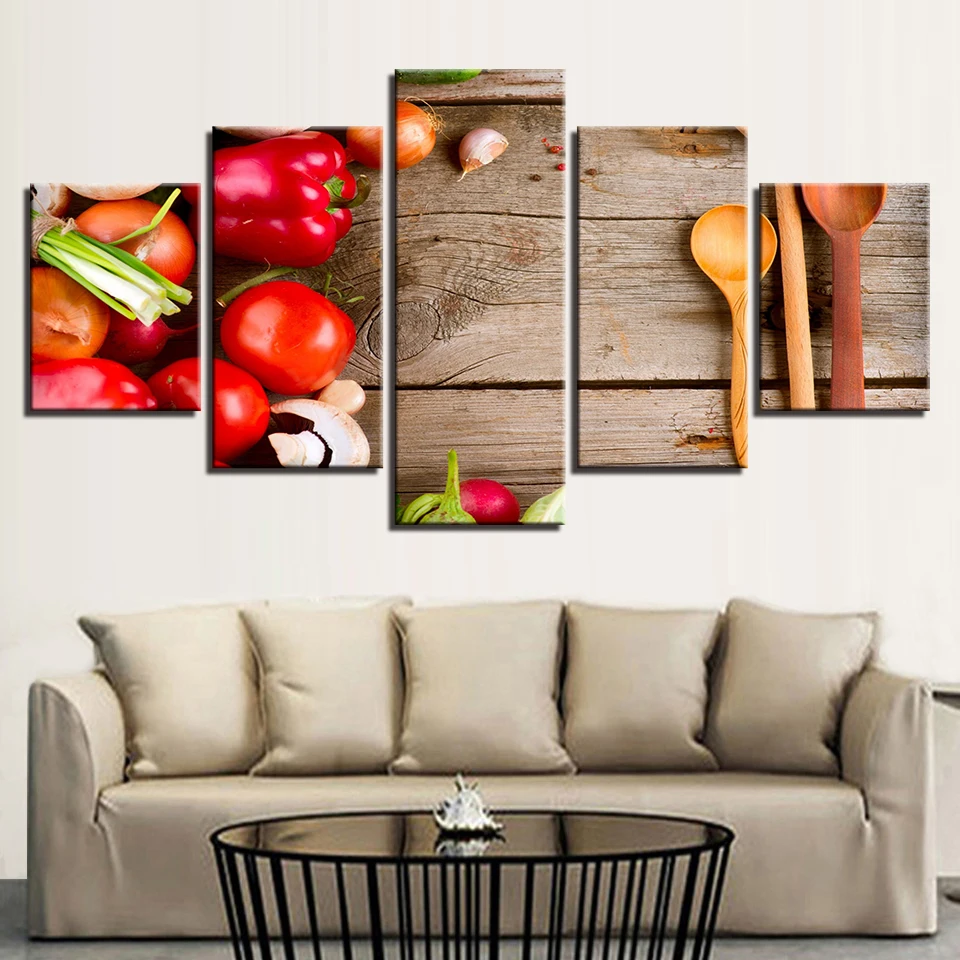 5 Pieces HD Prints Canvas Paintings Kitchen Room Food Spoon Vegetables Poster Framework