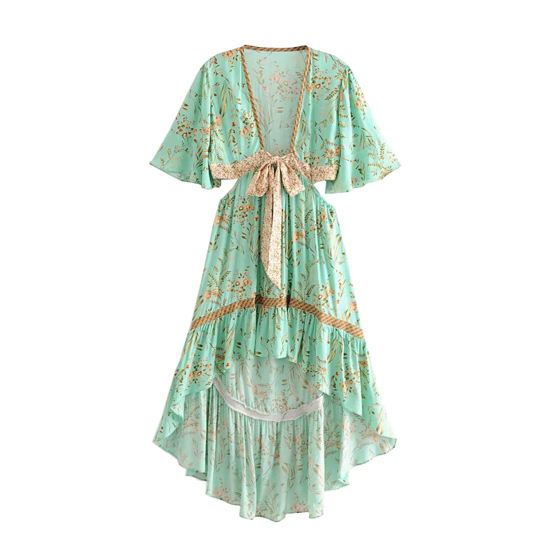 

GYPSY Boho Chic Summer Vintage Floral Print Backless Dress Women Fashion With Sashes Asymmetrical Beach Dresses Vestidos Mujer