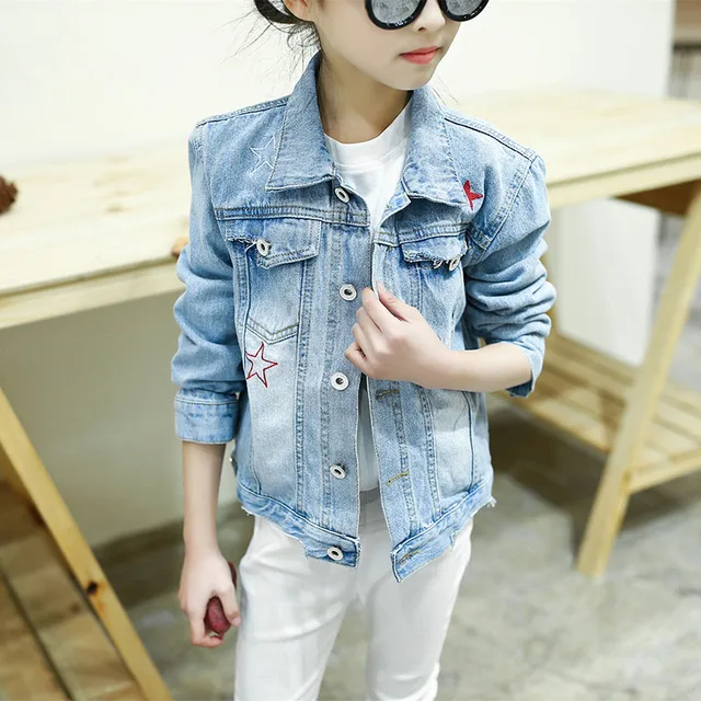 2018 Fashion Girls Denim Star Jacket Kids Causal Solid Coat Jackets For