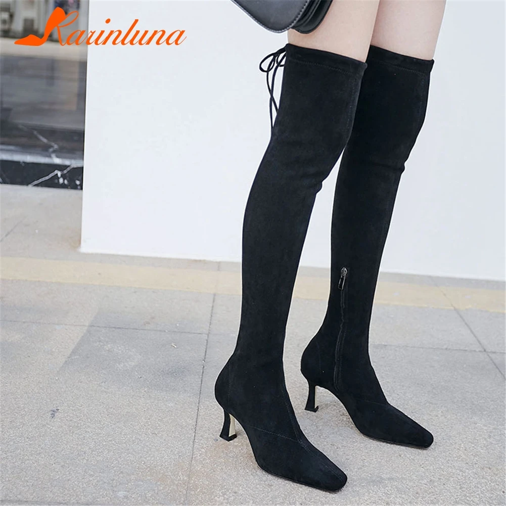 

KARINLUNA Big Size 43 Party Boots Woman Shoes Zipper Add Fur Square Toe Strange Style Over The Knee Boots Female Shoes Woman
