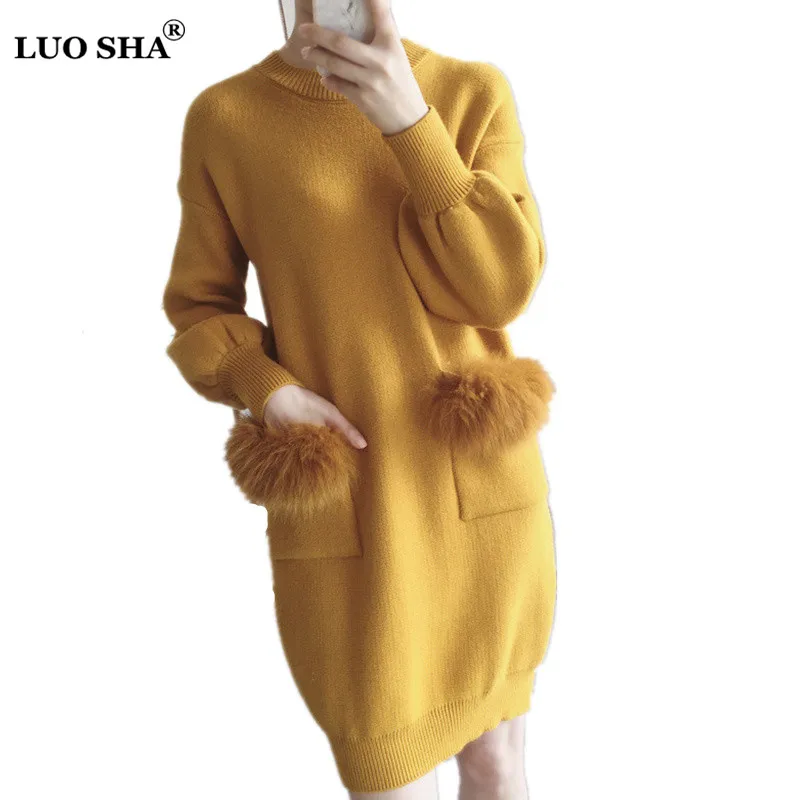 

LUOSHA 2018 Autumn Winter Women Sweater Pullovers Women O Neck Latern Sleeve Fur Pocket Loose Long Knitted Dress Pull Feme
