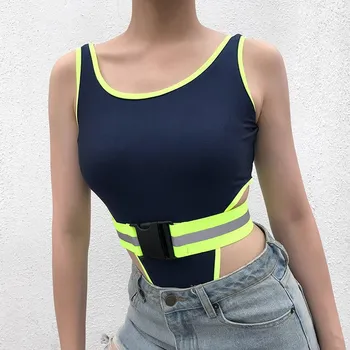 

2019 Women Reflective Bodycon Bodysuit Neon Green Stripe Playsuit Streetwear Sexy Overalls