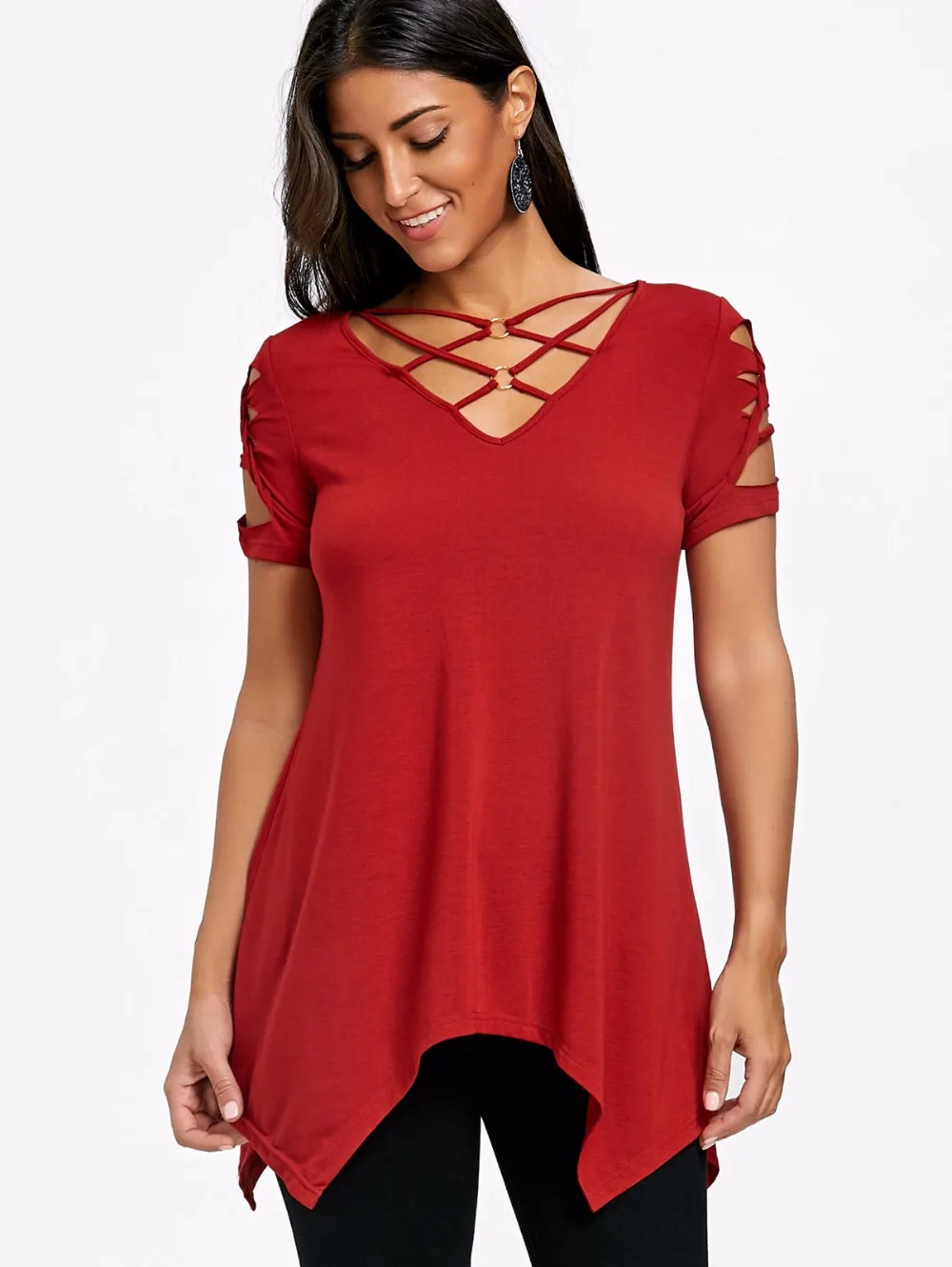 VESTLINDA Shredding Criss Cross T-Shirt Women Clothing Summer 2018 V Neck Short Sleeve Crescent Hem Cutout Tee Top Female Tshirt 7