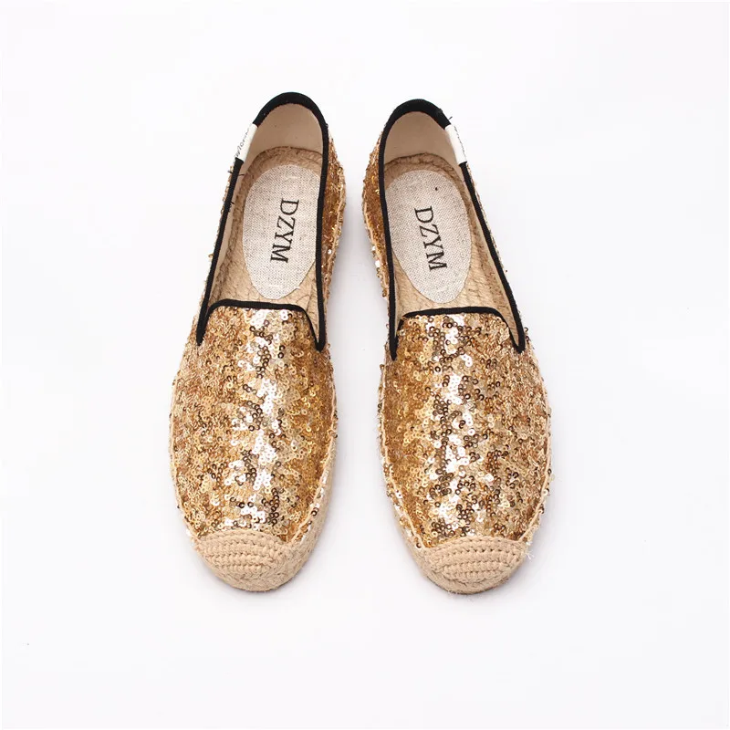DZYM/ г.; Новое поступление; весенние Эспадрильи из расшитой блестками ткани; женская обувь на плоской платформе; льняная соломенная обувь в рыбацком стиле; пеньковая обувь; zapatos mujer - Цвет: Gold