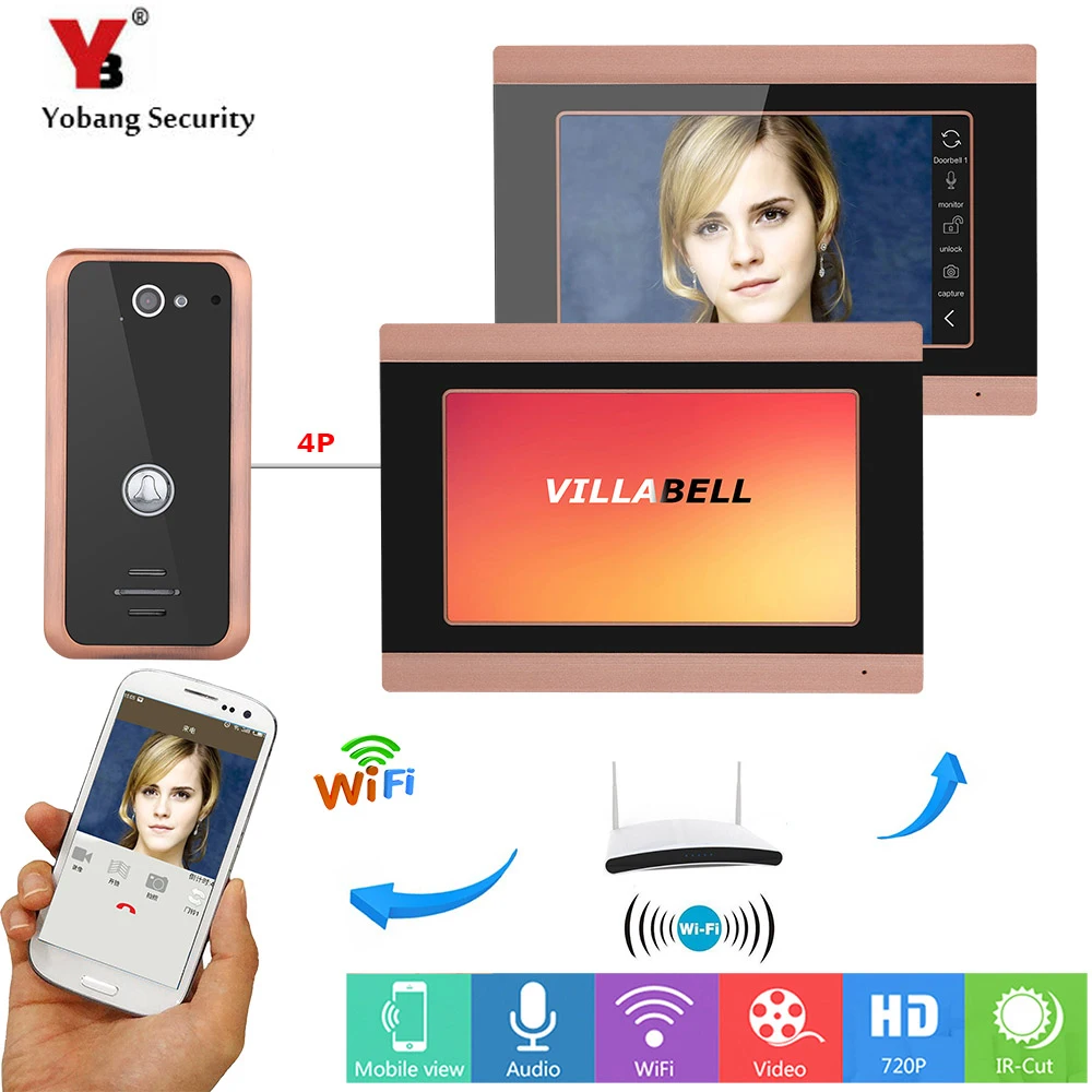 

Yobang Security 7 Inch LCD 1 Camera 2 Monitor WIFI Wireless(Wired) Visual Door Phone Home Video Intercom APP Remote Control