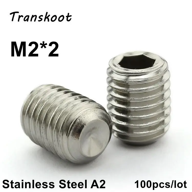 100pcs M2*2 DIN916 Stainless Steel Hex Socket Head Set Screw Headless Flat Point Hexagon Socket