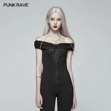 Punk Rave Women T-shirt Gothic Off-shoulder Retro Party Sexy Short Black T-shirt Personality Tops for Women black sexy off shoulder back splited t shirt