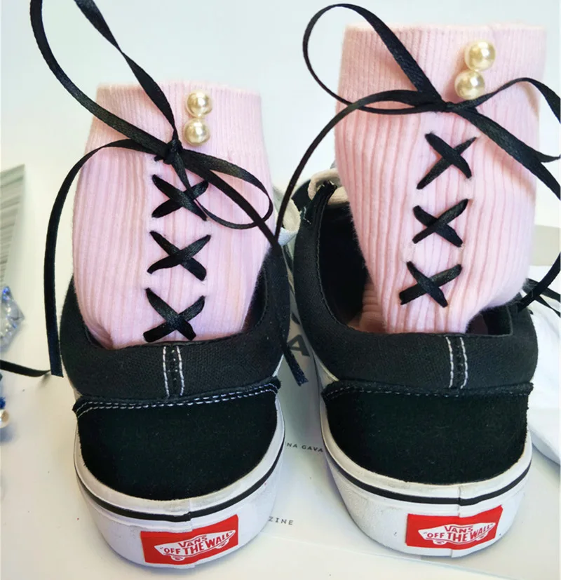 BKLD/Новинка; Harajuku; носки с бантом из ленты и бусинами; повседневные зимние рождественские носки для женщин и девочек; забавные мягкие хлопковые носки