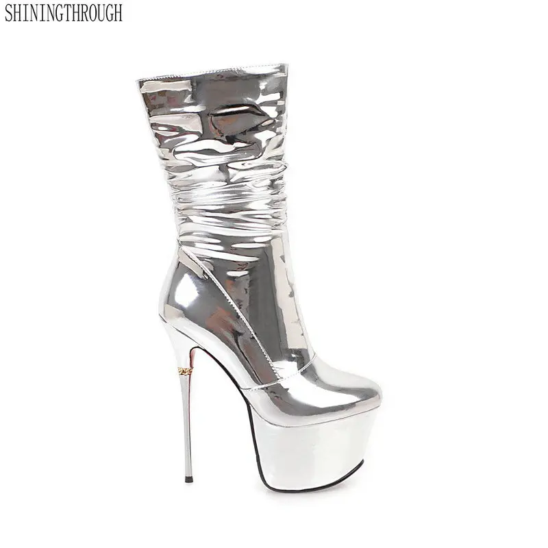 

Women Sexy Fetish Dance Nightclub Boots 16CM Extreme High Heel Metal Heels Platform Zipper mid-calf Thigh High Boots size 42 43