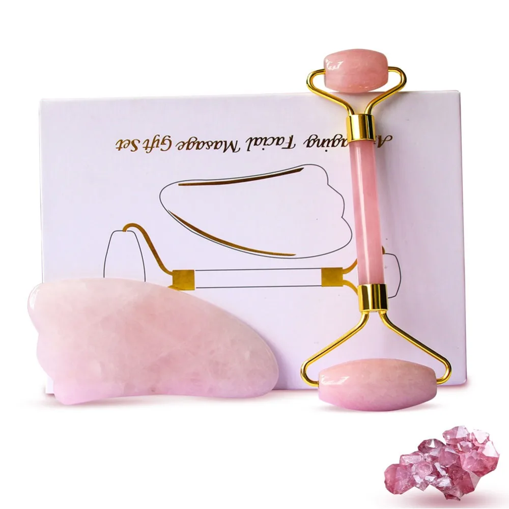 Розовый КВАРЦЕВЫЙ роликовый инструмент лифтинга лица Jade Gua Sha Тонкий Массажер для
