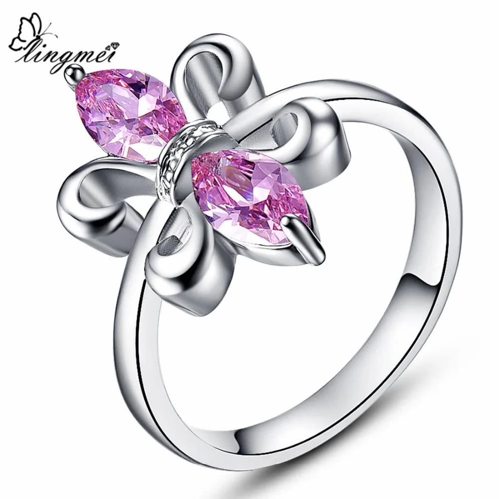 

lingmei Fleur De Lis Fashion Marquise Cut Classic Purple Red Swiss Blue Pink Cubic Zirconia White Gold Color Ring Size 6 - 10
