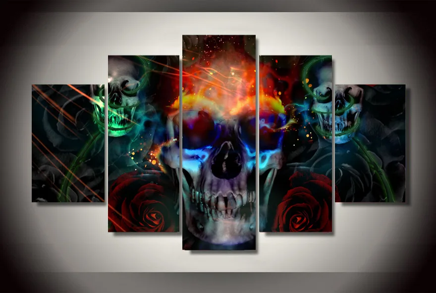 HD Print 5 Pieces Colorful Abstract Skull Modern Home Wall Decor