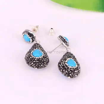 

New design 5Pairs water drop shape natural blue stone rhinestone paved charm dangle earrings