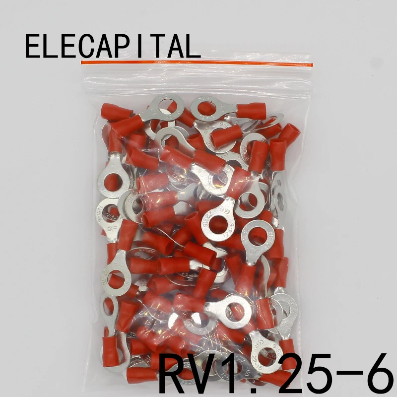 Rv1.25-6 Piros 22-16 Awg 0,5-1,5Mm2 Szigetelt Gyűrűs Csatlakozó Csatlakozó Kábelhuzal Csatlakozó 100Pcs/Csomag Rv1-6 Rv