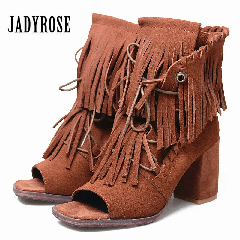Jady Rose Full Fringed Women Ankle Boots Peep Toe Summer Boots Suede
