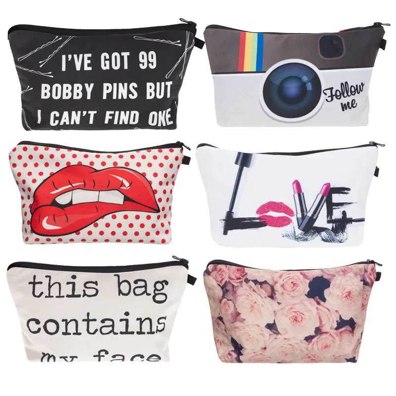 

INONE 2019 Cosmetic Organizer Travel Make Up Pencil Storage Pouch 3D Printed Lips Camera Letters Floral Women Makeup Pencil Bag