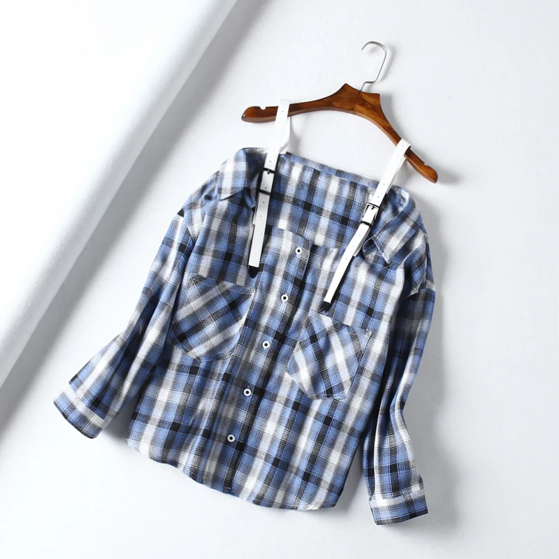 2019 summer new temperament reduction college leather strap sexy strapless long-sleeved plaid shirt