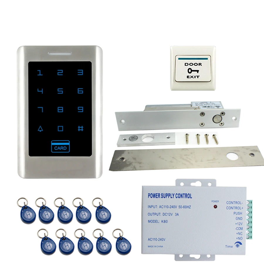 

JEX RFID Touch key Password Access Control Controller Metal Backlight button Door control system kit + ELectric Drop Bolt lock