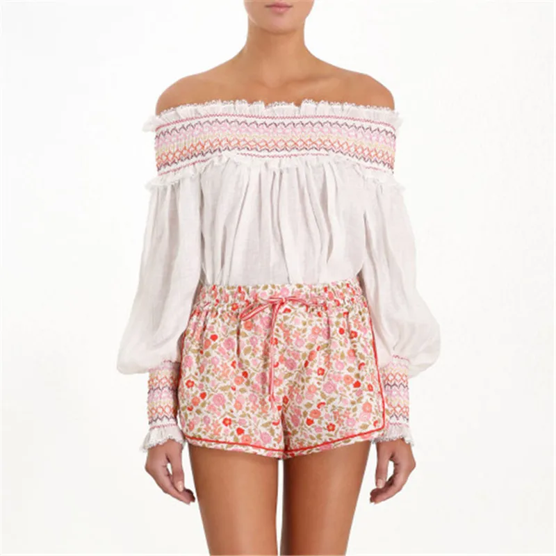 

Linen Shirt Women Elastic Slash Neck Long Sleeve Runway Cotton Linen Blouse Embroidery Bohemian off shoulder top blusas mujer