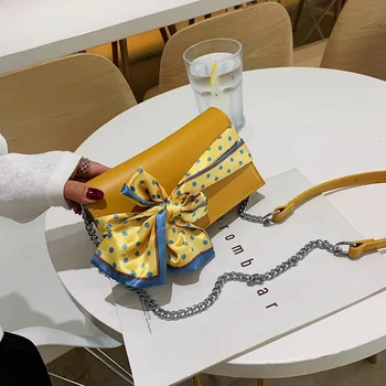 

Bow small square bag 2019 new high quality PU leather can change the dot silk scarf handbag chain shoulder messenger bag