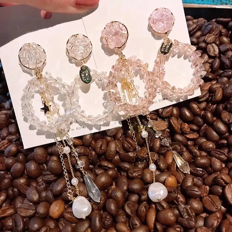 

MENGJIQIAO 2019 New Korean Crystal Circle Dangle Earrings For Women Girls Asymmetric Pearl Boucle D'oreille Party Jewelry
