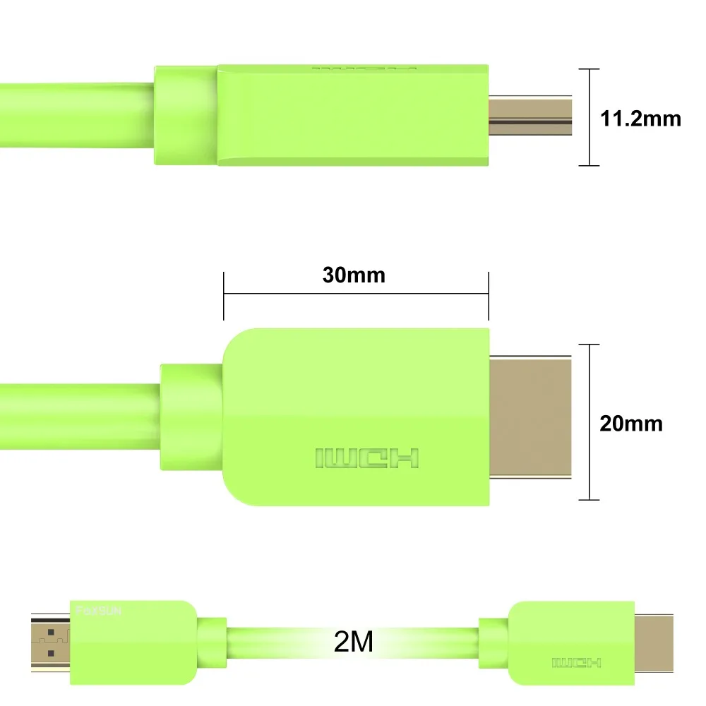 Foxsun hdmi cable [6.6 قدم/2 متر] فائقة hd (uhd) 4 كيلو hdmi 2.0 كابل 24 مطلية بالذهب موصلات و عالية القوة hdmi الحبل الأخضر
