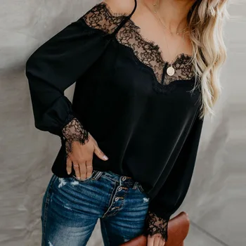 

Women Sexy Sling Strapless V Collar Lace Stitching Trim Solid Color Long Sleeve Chiffon Blouse