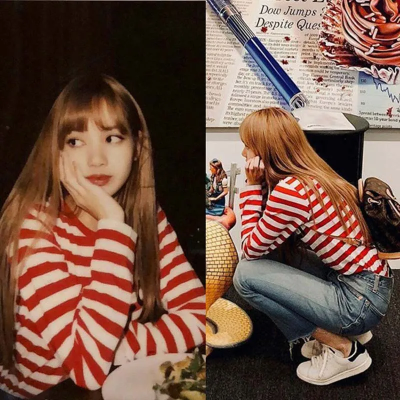 

korean style kpop blackpink lisa ins spring women print striped long sleeve tshirt Casual femme tops camisa mujer streetwear