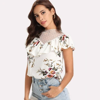 

Women Ladies Summer Blouses Ruffles Loose Tops Short Sleeve Floral Print Shirt Casual Blouse Fashion Women Tops