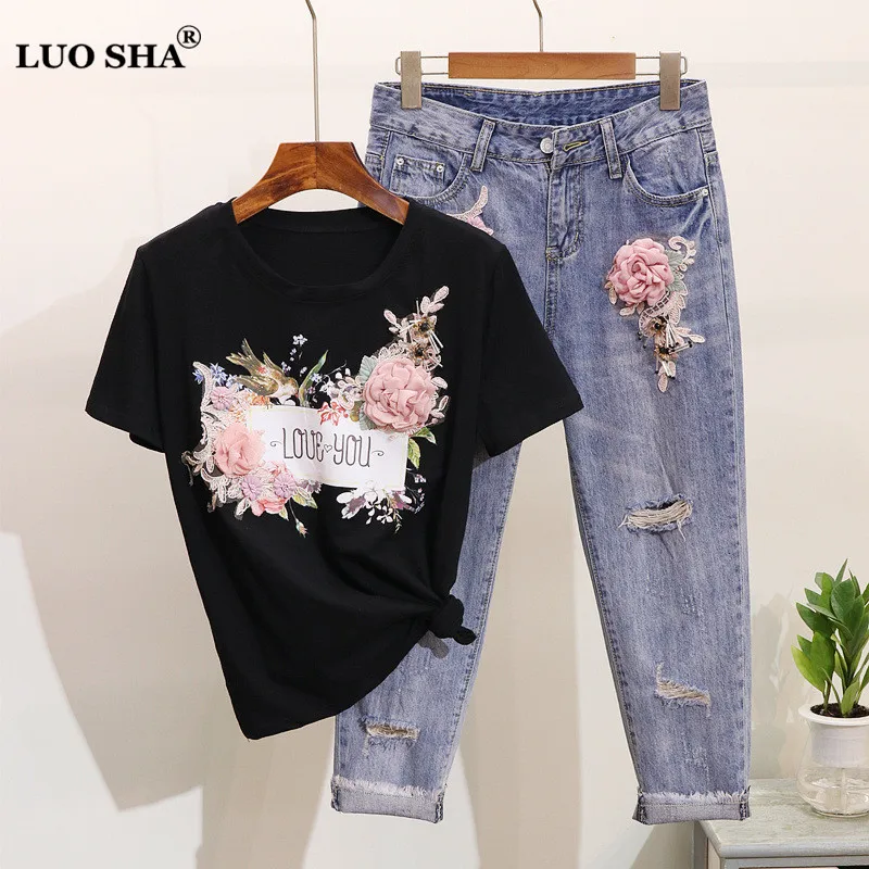 

LUOSHA Women 2019 2Pcs Summer Stylish Embroidery 3D Flower Short Sleeved Tshirt+Heavy Work Jean Rippered Hole Denim Pants Suit