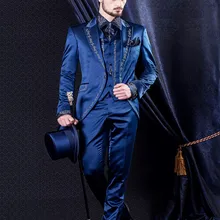 Новинка, мужские смокинги для жениха с вышивкой, королевские синие мужские костюмы на свадьбу/выпускной, лучший мужской блейзер(пиджак+ брюки+ жилет), B995