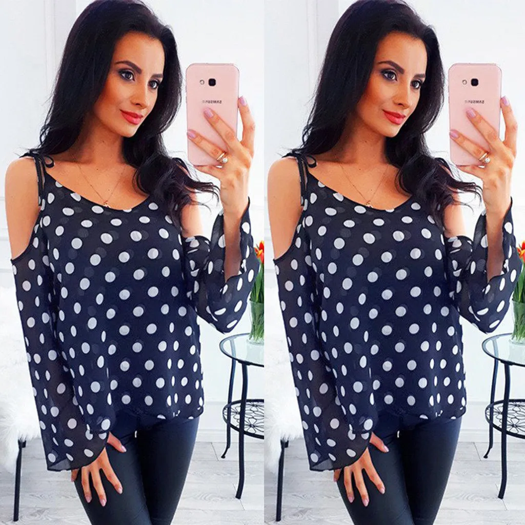 

Hawcoar New FashioWomen Casual Dot Blouse Off Shoulder Long Sleeve Loose Top Shirt Tee Wholesale Free Ship рубашка женская Z4